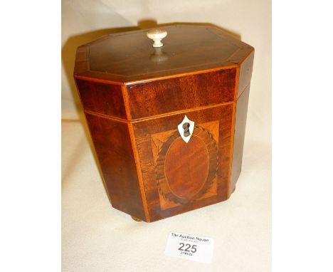 Georgian octagonal mahogany tea caddy with fine panels inlaid with satinwood and rosewood, standing on ball feet, approx. 15c