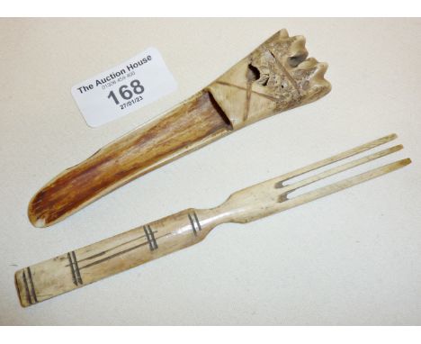 Antique Georgian Folk Art carved bone apple corer with similar fork