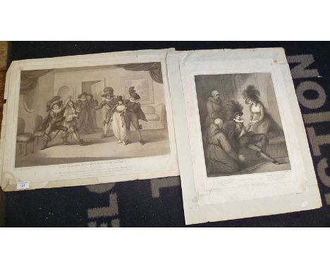 Henry William BUNBURY (1750-1811), two large 18th c. engravings unframed, one titled "The Duel between Sir Andrew Ague Cheek 