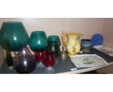 Burleigh ware jug and other china with eight coloured brandy glasses