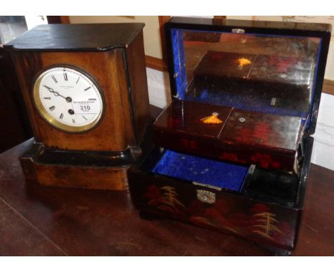 Victorian walnut mantle clock with French movement and a Japanese lacquer jewellery box