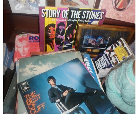 Assorted vinyl pop LPs and singles, and a framed filmcell of the Rolling Stones