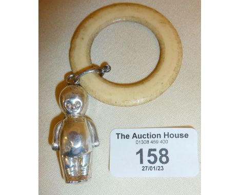 Babies rattle and&nbsp; teething ring with silver Kewpie doll figure attached, hallmarked for Chester 1959 WHC