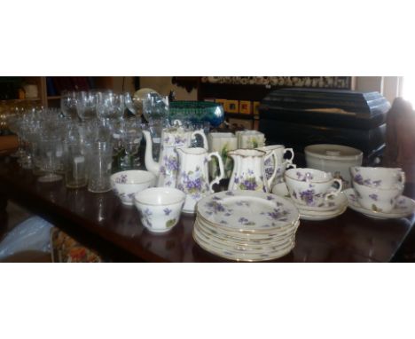 Hammersley china 'Violets' tea set and assorted wine glasses, some etched