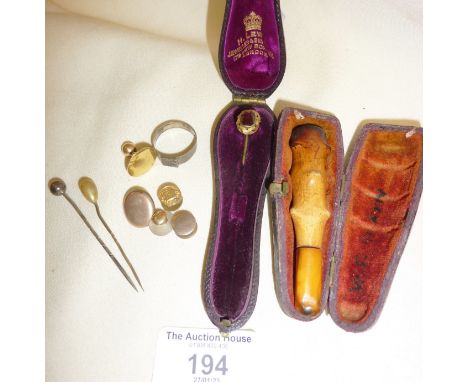 Yellow metal antique cased stick pin, studs, cased Meerschaum cigar holder, and other jewellery