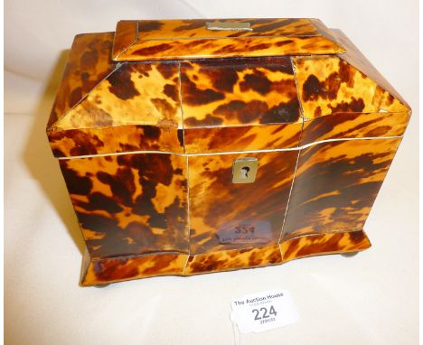 English Regency tortoiseshell double compartment tea caddy with pagoda top and standing on ball feet, approx. 13.5cm high