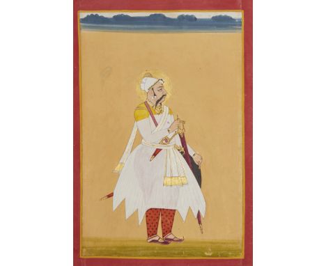 A standing portrait of a ruler, Jodhpur, Marwar, Rajasthan, early 19th century, opaque pigments heightened with gold on paper