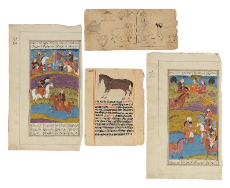 A drawing of Krishna and the gopis, possibly designs for hookah bases ; a folio from a manuscript on horses ; and two illustr