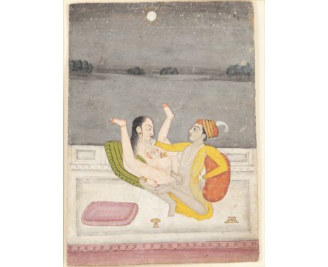 Four erotic scenes, Rajasthan, India, circa 1900,Opaque pigments on paper, the first three from a series, two night scenes on