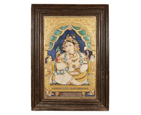 Baby Krishna enthroned,Tanjore, Southern India, first half 20th centuryOpaque pigments, golden pigments and limestone past on