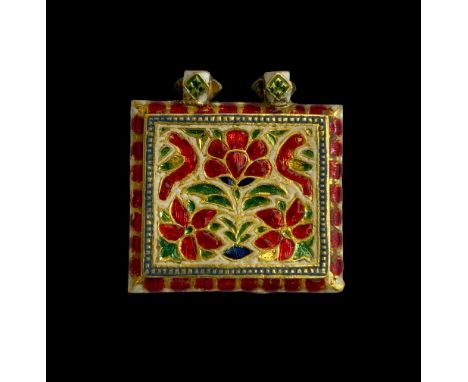 A diamond and turquoise-set gold pendant, North India, 19th centuryThe rectangular casket shaped pendant with floral design s