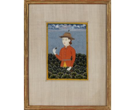 A standing portrait of a European man Rajasthan, possibly Mewar, first half 19th centuryOpaque pigments heightened with gold 