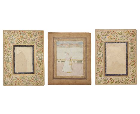 A standing portrait of a courtier Mughal India, 19th century,opaque pigments heightened with gold on paper, facing right, on 