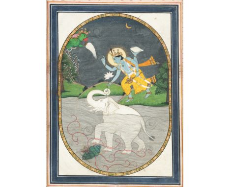 Vishnu saves the elephant king Gajendra (Gajendra Moksha),Pahari, second half 19th century,Opaque pigments heightened with go