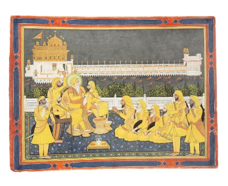 Ranjit Singh enthroned in durbarafter Imam Bakhsh Lahori, India, 20th centuryOpaque pigments heightened with gold on paper, t