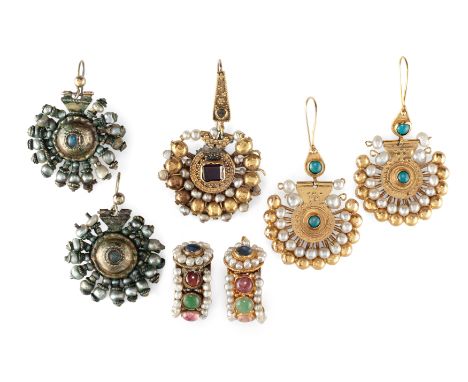 Three pairs of gold earrings and a single gold earringThe first a pair, turquoise inset, possibly imitation, the second a pai