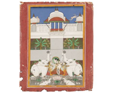 Lakshmi anointed by elephants (Gajalakshmi),Bikaner or Udaipur, Rajasthan, second half 19th century,Opaque pigments and silve