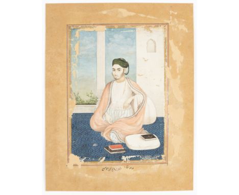 A portrait of a kneeling nobleman on a terrace, Lucknow, North India, circa 1800Opaque pigments heightened with gold on paper