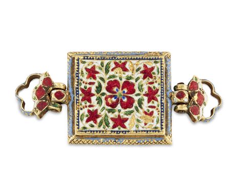 A gold and foiled gemstones inlaid and enamelled navratna bazuband plaque,India, first half 19th century, Rectangular, the re