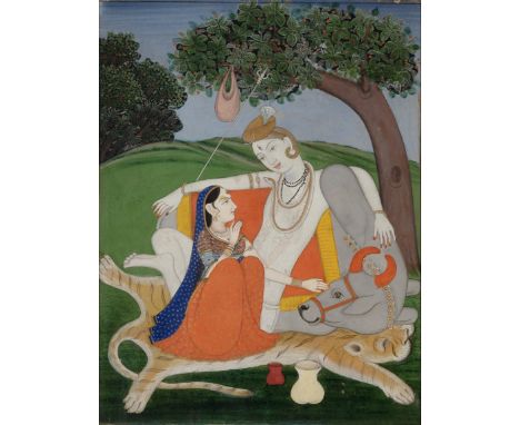 Shiva and ParvatiKangra style, first half 20th centuryOpaque pigments on paper heightened with gold, reclining on Nandi, the 