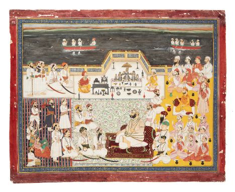 Maharaja Bihm Singh or Jawan Singh of Mewar at a puja,North India, Rajasthan, mid-19th centuryOpaque pigment heightened with 