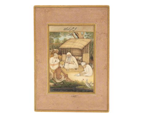 Holy men gathering at an hermitageIsfahan, 17th century or laterOpaque pigment son paper, laid on card, on the bank of a pond
