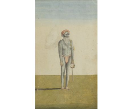 A sadhu and two labourers,early 20th century,Opaque and transparent pigments on paper, likely part of a larger series of illu