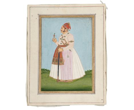 A portrait of a standing ruler, Delhi, India, late 19th century Opaque pigments on paper heightened with gold, depicted facin