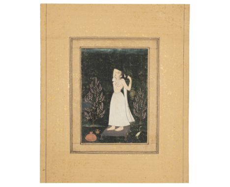 A lady at her toilet by moonlight,  Provincial Mughal, India, circa 1790Opaque pigments heightened with gold on paper, the la