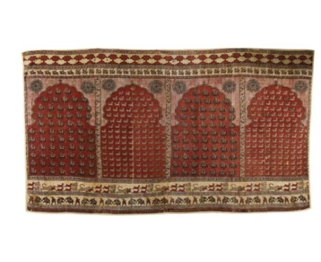 A large wood block printed tent panel (Qanat),North India, late 19th/early 20th century,With hunting scenes under lobed arche