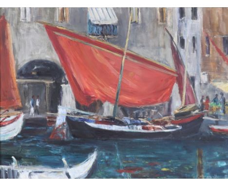   Anton Lamprecht  1901 Allershausen - 1984 München - Kanal mit Booten in Venedig - Öl/Lwd. 75 x 100 cm. Sign. r. u.: A. Lamp