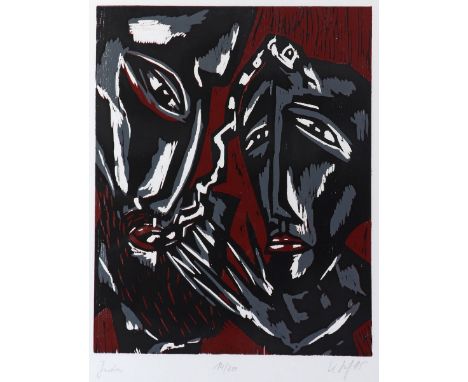   Klaus Süß  1951 Crottendorf - "Judas" - Farblinolschnitt/Papier. 14/30. 50 x 39,5 cm, 64,5 x 48,5 cm. Sign. und dat. r. u.: