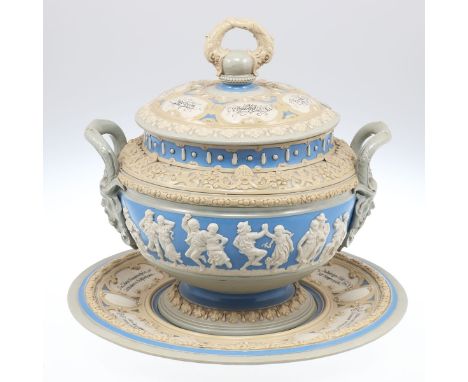   Bowle mit Platte mit blauem Grund  Villeroy &amp; Boch, Mettlach ab 1899. - Volksbelustigung und Trinksprüche - Heller Sche