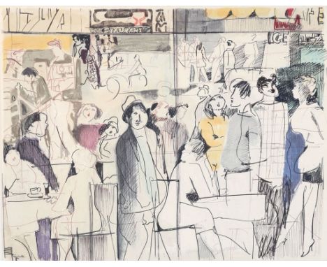   David Schneuer  1905 Przemysl - 1988 Israel - "street cafe" - Farbserigrafie/Papier. 7/250. 52 x 66 cm (Blattmaß). Sign. r.