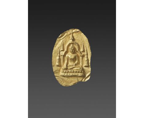 Pyu city-states, 2nd-10th century. The oval gold plaque with fine repoussé depicting Buddha seated in dhyanasana on a double 