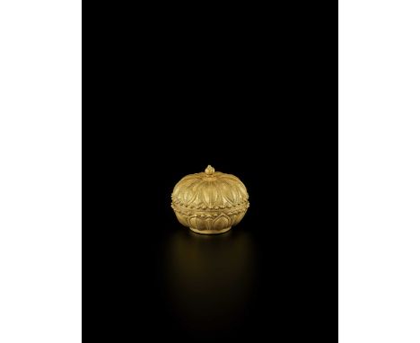 Champa, 10th-14th century. The box of compressed globular form, executed in fine repoussé with overlapping lotus leaves, the 