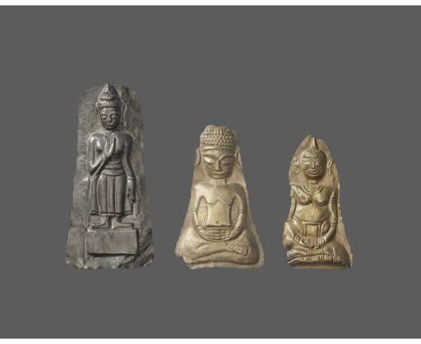 Khmer Empire, Angkor period, 13th-15th century. The plaques with fine repoussé, one depicting Buddha standing on a rectangula