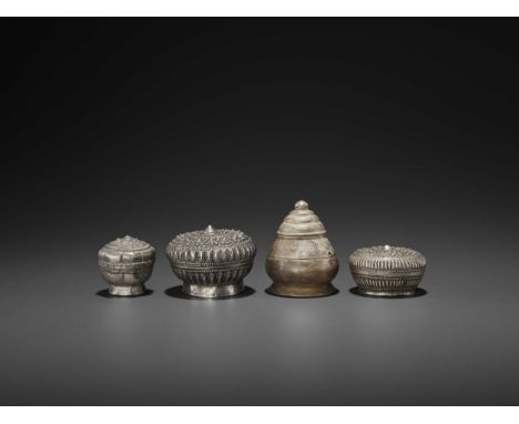 Champa, 18th-19th century. Two boxes of compressed globular shape, finely executed in repoussé with floral and geometric desi