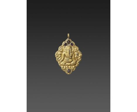 Champa, 10th-12th century. The pendant of rhombic shape with fine repoussé depicting Ganesha seated cross-legged in a meditat