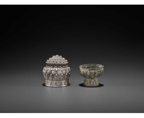 Champa, 10th-12th century or later. One box shaped as a cup with fine geometric decorations, the other box with similar decor