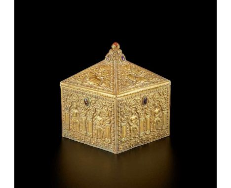 Champa, 10th-12th century. The box of square form with a square pyramidshaped cover surmounted by a round stepped finial. Fin