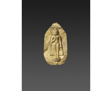 Pyu city-states, 2nd-5th century. The gold plaque with fine repoussé depicting Buddha standing in samapada on a lotus base, h