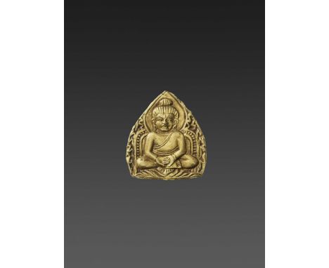 Ava Kingdom, Upper Burma, 15th-16th century. The gold plaque with fine repoussé depicting Buddha seated in dhyanasana with th