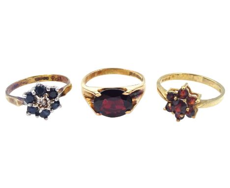 Single stone garnet ring, sapphire and diamond cluster ring and a garnet cluster ring, all hallmarked 9ctCondition Report:App