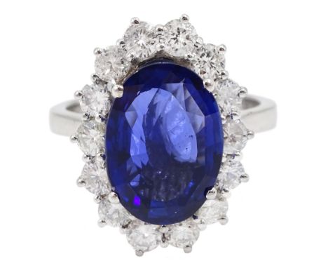 18ct white gold oval fine Ceylon sapphire and round brilliant cut diamond cluster ring, hallmarked, sapphire approx 4.00 cara