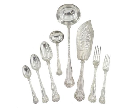 Suite of 19th century Kings Husk pattern silver cutlery comprising twelve dessert spoons, twelve dessert forks, twelve tables