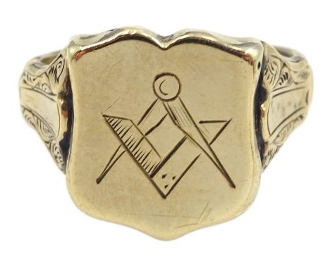 9ct gold shield design Masonic ring, hallmarkedCondition Report:Approx 2.5gm, size O-P, some light dents to ring, shank sligh