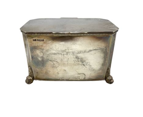 Silver tea caddy of rectangular form with hinged lid, gadrooned border and stepped feet W16cm Sheffield 1946 Maker Frank Cobb
