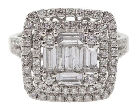 18ct white gold round brilliant cut and baguette cut diamond cluster ring, with diamond set shoulders, total diamond weight a
