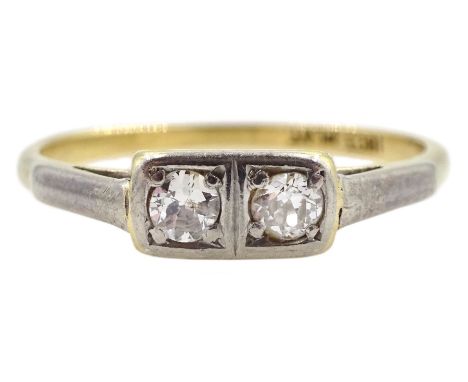 Art Deco gold two stone old cut diamond ring, stamped 18ct PlatCondition Report:Approx 2.05gm, size M 3/4, diamonds bright wi